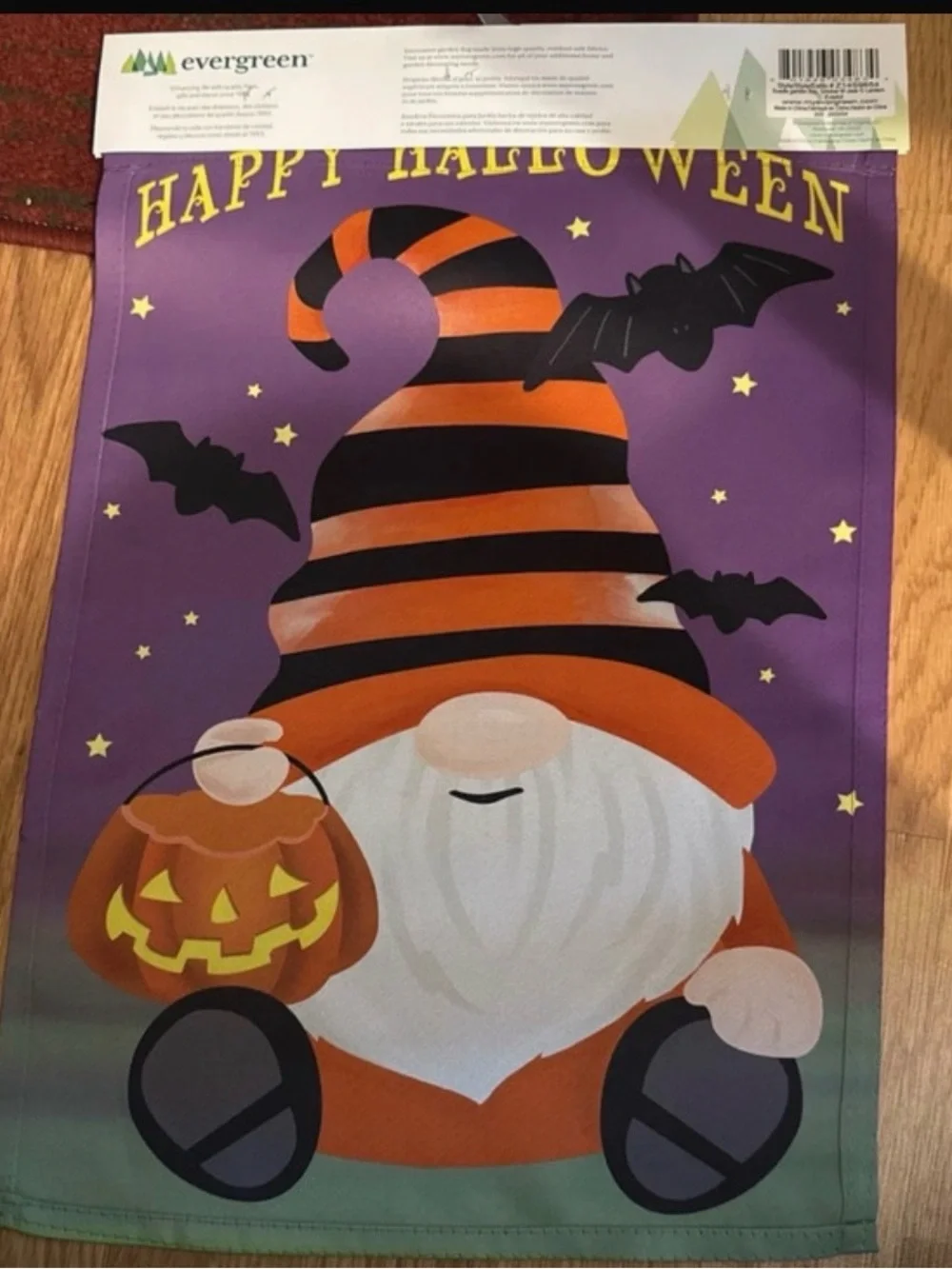Evergreen Halloween Gnome Garden Flag - Purple & Orange